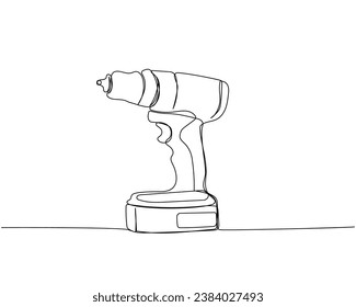 Screwdriver, drill, construction tool, tighten screws, make a hole hole in the material one line art. Continuous line drawing of repair, professional, hand, people, concept, support, maintenance.