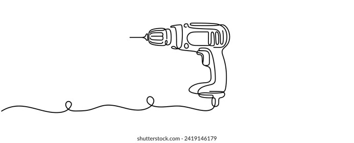 Screwdriver, drill, construction tool, tighten screws, make a hole hole in the material one line art. Continuous line drawing of repair, professional with inscription, lettering, handwritten.