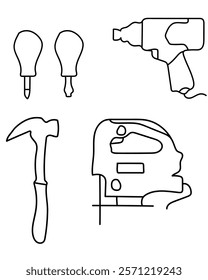 Screwdriver, Drill, Cutting Tool, Hammer in a construction vector set include a saw, ideal for cutting wood, metal, a drill, which creates holes in various materials. clean, modern vector style.