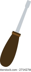 Destornillador con cabeza plana y mango de madera mostrado en ángulo, contorno limpio y forma audaz. Símbolo de reparación, mantenimiento, trabajo de manitas y manualidades de bricolaje. Ilustración vectorial de dibujos animados.
