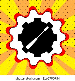 Screwdriver and gear sign. Black icon in bubble on yellow background pop art. Vector.