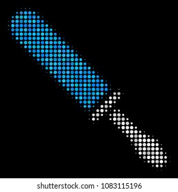 Screwdriver halftone vector icon. Illustration style is pixel iconic screwdriver symbol on a black background. Halftone matrix is made from round elements.