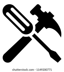 
Screwdriver and hammer crossed together denoting meaning to repair tools
