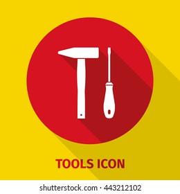 Screwdriver and hammer icon tool isolated on yellow background with a shadow underneath. Flat styled vector illustration.