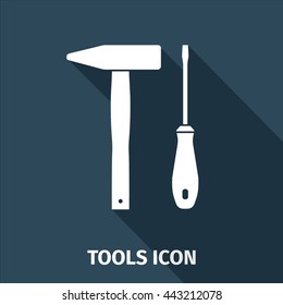 Screwdriver and hammer icon tool with a shadow underneath. Flat styled vector illustration.