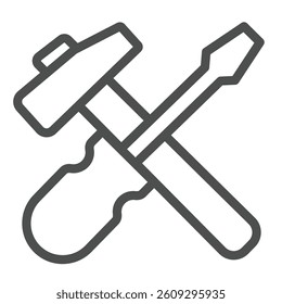 Screwdriver and hammer line icon, repair service concept. Vector graphics. Repair tools sign on white background, outline style icon for mobile or web design