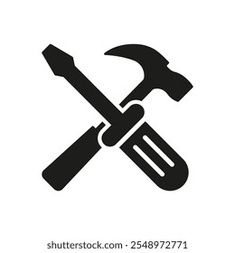 Screwdriver and Hammer Silhouette Icon for Construction and Repair Service. Maintenance Tool for Technical Support Glyph Symbol. Isolated Vector Illustration.