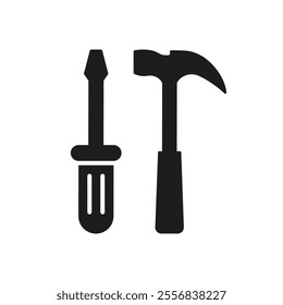 Screwdriver and Hammer Silhouette Icon for Repair Services. Construction and Maintenance Tool Glyph Symbol. Technical Support Sign. Isolated Vector Illustration.