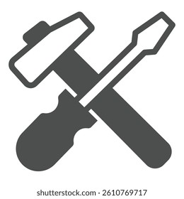 Screwdriver and hammer solid icon, repair service concept. Vector graphics. Repair tools sign on white background, glyph style icon for mobile or web design