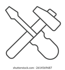 Screwdriver and hammer thin line icon, repair service concept. Vector graphics. Repair tools sign on white background, linear style icon for mobile or web design