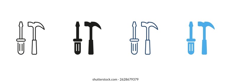 Screwdriver And Hammer Tool Icon Set. Construction, Repair, And Diy Equipment Outline And Solid Symbol Collection. Home Improvement And Maintenance Tools. Isolated Vector Illustration.
