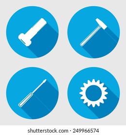 Screwdriver, hammer, wrench key icon, bolt nut. Repair fix tool symbol. Round circle flat icon with long shadow. Vector