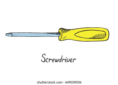 Screwdriver, hand drawn doodle sketch in pop art style, vector color illustration