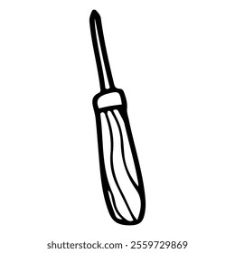 Screwdriver hand drawn doodle. Tool for screwing in screws. Workshop equipment. Metal device with wooden handle. Vector line art illustration.