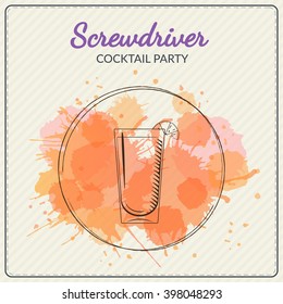 Screwdriver. Hand drawn vector illustration of cocktail. Colorful watercolor background