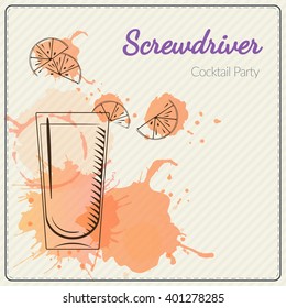 Screwdriver. Hand drawn vector illustration of cocktail. Colorful watercolor background