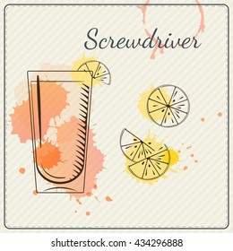 Screwdriver. Hand drawn vector illustration of cocktail. Colorful watercolor background