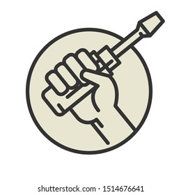 Screwdriver in hand icon or symbol isolated on white background, abstract vector illustration