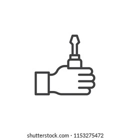 Screwdriver in hand outline icon. linear style sign for mobile concept and web design. Repair service simple line vector icon. Symbol, logo illustration. Pixel perfect vector graphics