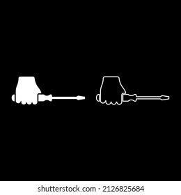 Screwdriver in hand set icon white color vector illustration image simple solid fill outline contour line thin flat style