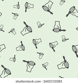 Screwdriver in hand solid seamless pattern, repair service theme. Vector graphics. Human hand with screwdriver sign background, filled with glyphs icon