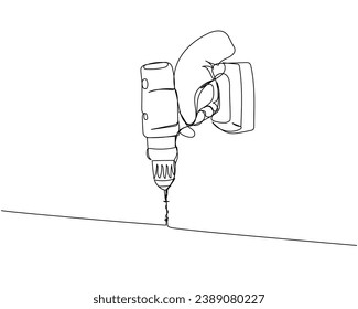 Screwdriver in hand, tighten screws, make a hole hole in the material one line art. Continuous line drawing of repair, professional, hand, people, concept, support, maintenance.