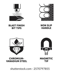 Screwdriver hand tool benefits icons set - Magnetic tip, Chromium-vanadium steel, Non-slip handle, Blast finish bit tips. Pictograms for labeling in monochrome style