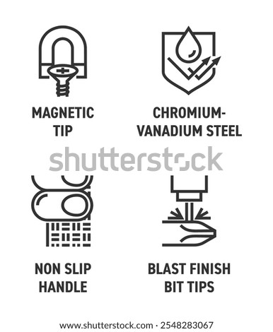 Screwdriver hand tool benefits icons set - Magnetic tip, Chromium-vanadium steel, Non-slip handle, Blast finish bit tips. Pictograms for labeling in bold line
