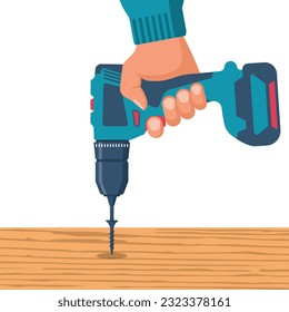 Screwdriver in hands of men. Tightening the screw in wood panel. Electric screwdriver in hand. Home renovation equipment. Tools of the handyman. Vector illustration flat design.