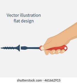 Screwdriver in hands of men. Tightening the screw. Background technical service, repairs, customer support, mechanical processes. Vector illustration, flat style.