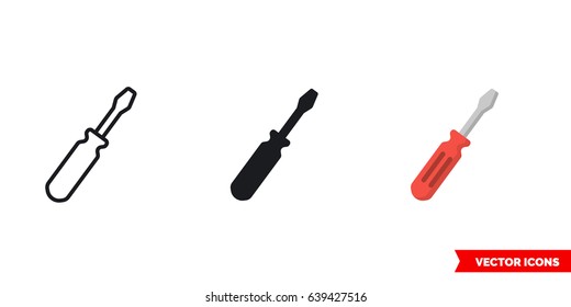 Screwdriver icon of 3 types: color, black and white, outline. Isolated vector sign symbol.