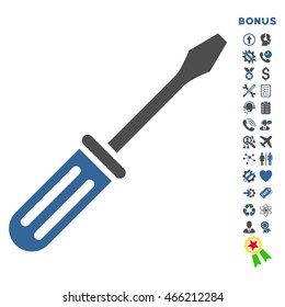 Screwdriver icon with bonus pictograms. Vector style is bicolor flat iconic symbol with rounded angles, cobalt and gray colors, white background.