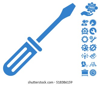 Screwdriver icon with bonus setup tools pictograms. Vector illustration style is flat iconic cobalt symbols on white background.