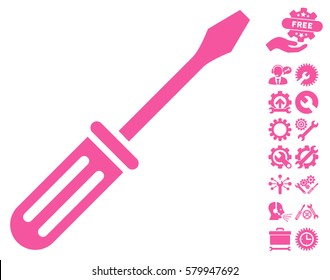 Screwdriver icon with bonus tools clip art. Vector illustration style is flat iconic pink symbols on white background.