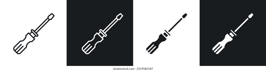 Screwdriver icon collection in black and white filled and stroke line style.