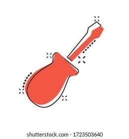 Screwdriver icon in comic style. Spanner key cartoon vector illustration on white isolated background. Repair equipment splash effect business concept.