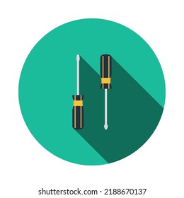 Screwdriver Icon. Flat Circle Stencil Design With Long Shadow. Vector Illustration.