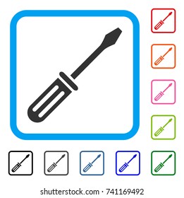 Screwdriver icon. Flat grey iconic symbol inside a light blue rounded squared frame. Black, gray, green, blue, red, orange color variants of Screwdriver vector. Designed for web and app UI.