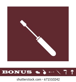 Screwdriver icon flat. White pictogram on brown background. Vector illustration symbol and bonus icons