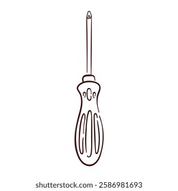 Screwdriver icon in line art style. Hand drawn logo of repair tool for hardware store. Isolated on a white background.