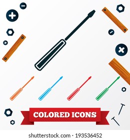 Screwdriver icon. Repair fix tool symbol. Wooden planks. Nails, screws, nuts symbols. Vector