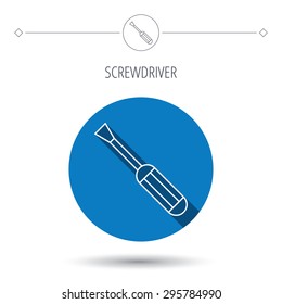 Screwdriver icon. Repair or fix tool sign. Blue flat circle button. Linear icon with shadow. Vector