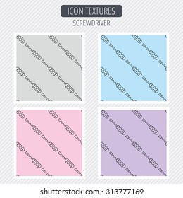 Screwdriver icon. Repair or fix tool sign. Diagonal lines texture. Seamless patterns set. Vector