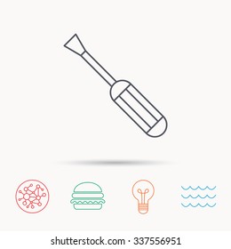 Screwdriver icon. Repair or fix tool sign. Global connect network, ocean wave and burger icons. Lightbulb lamp symbol.