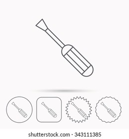 Screwdriver icon. Repair or fix tool sign. Linear circle, square and star buttons with icons.