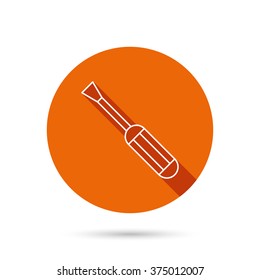 Screwdriver icon. Repair or fix tool sign. Round orange web button with shadow.