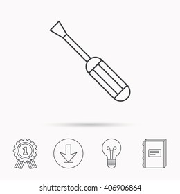 Screwdriver icon. Repair or fix tool sign. Download arrow, lamp, learn book and award medal icons.