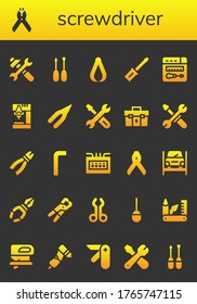 screwdriver icon set. 26 filled screwdriver icons.  Simple modern icons such as: Tools, Pliers, Screwdriver, Repair, Drill, Toolbox, Allen keys, Fuse box, Repairing, Tool, Awl