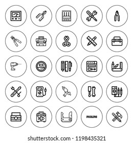 Screwdriver icon set. collection of 25 outline screwdriver icons with caulk gun, drill, philips, pliers, pocket knife, repair, screwdriver, tool icons. editable icons.