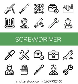 conjunto de iconos del destornillador. Colección de Screwdriver, cuchillo del ejército suizo, electricista, herramienta, sierra de mano, caja de herramientas, llave, herramientas de pintura, artesano, iconos de herramientas